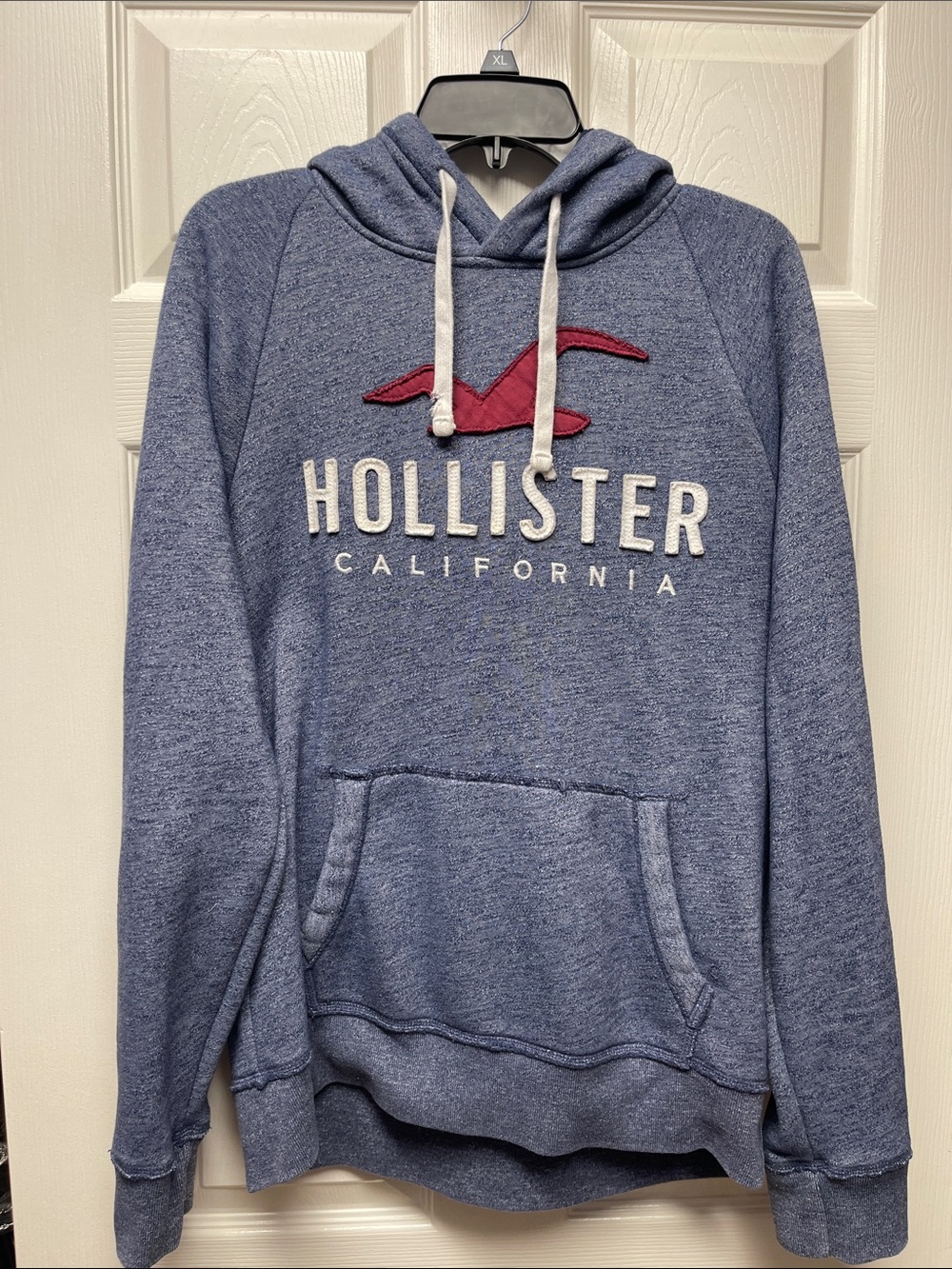 Hollister Men's Heather Blue Pullover Hoodie with Red Logo